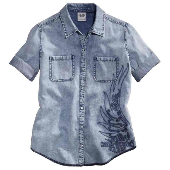Harley-Davidson Tops - Harley-Davidson Womens Vintage Wash Convertible Sleeve Lightweight Denim Tee - S